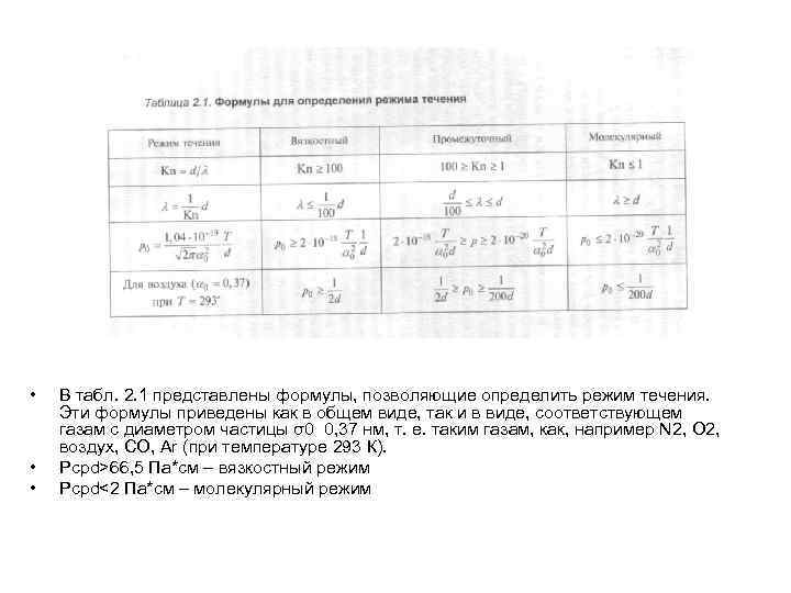  • • • В табл. 2. 1 представлены формулы, позволяющие определить режим течения.