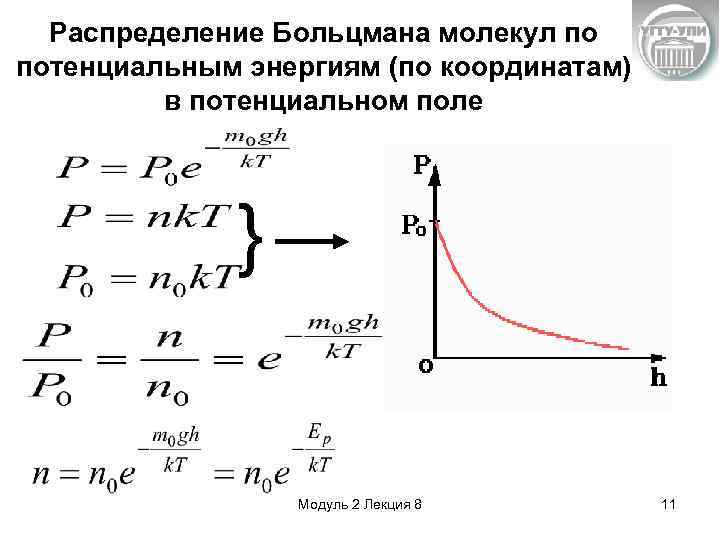 Потенциальная энергия молекул. Функция распределения Больцмана для идеального газа. Закон распределения Больцмана график. График функции распределения Больцмана. Закон распределения Больцмана формула.