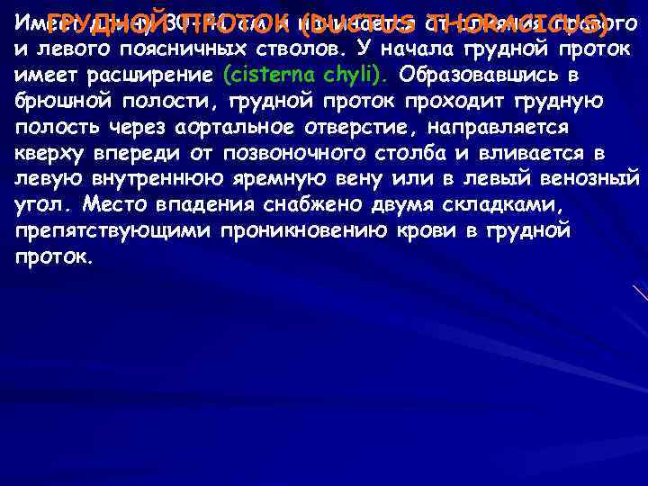 Имеет длину 30 -41 см и начинается от слияния правого ГРУДНОЙ ПРОТОК (DUCTUS THORACICUS)