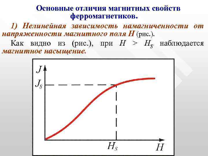 Основные отличия магнитных свойств ферромагнетиков. 1) Нелинейная зависимость намагниченности от напряженности магнитного поля Н