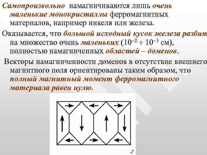 Самопроизвольно намагничиваются лишь очень маленькие монокристаллы ферромагнитных материалов, например никеля или железа. Оказывается, что