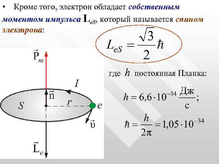  • Кроме того, электрон обладает собственным моментом импульса Lе. S, который называется спином