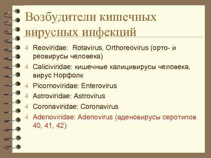 Возбудители кишечных вирусных инфекций 4 Reoviridae: Rotavirus, Orthoreovirus (орто- и 4 4 4 реовирусы