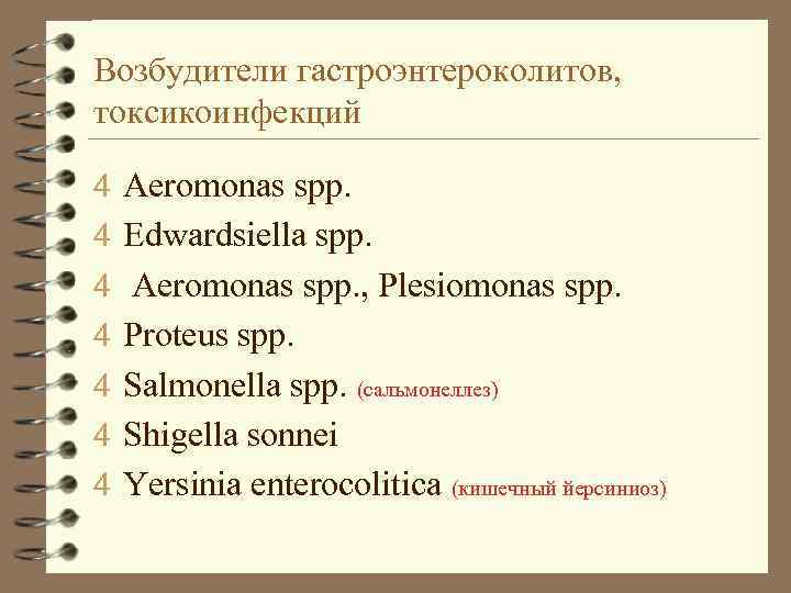 Возбудители гастроэнтероколитов, токсикоинфекций 4 Aeromonas spp. 4 Edwardsiella spp. 4 Aeromonas spp. , Plesiomonas