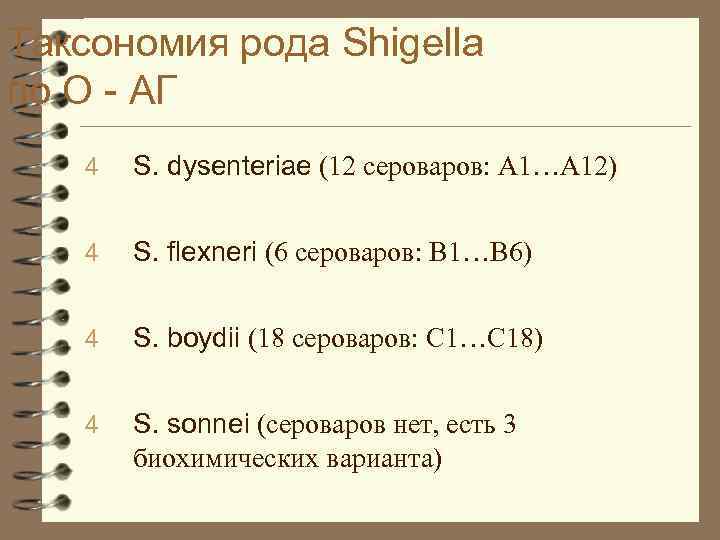 Таксономия рода Shigella по О - АГ 4 S. dysenteriae (12 сероваров: А 1…А