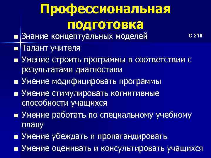 Профессиональная подготовка n n n n С. 210 Знание концептуальных моделей Талант учителя Умение