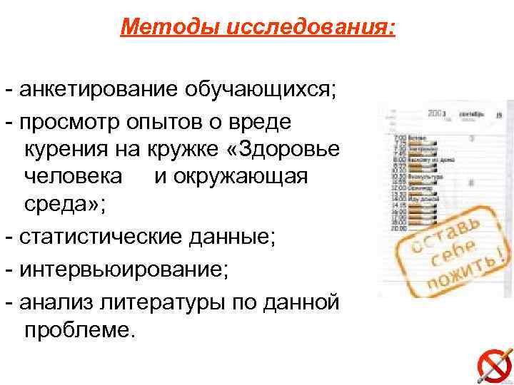 Методы исследования: - анкетирование обучающихся; - просмотр опытов о вреде курения на кружке «Здоровье