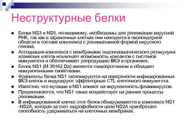 Неструктурные белки n n n n Белки NS 3 и NS 5, по-видимому, необходимы