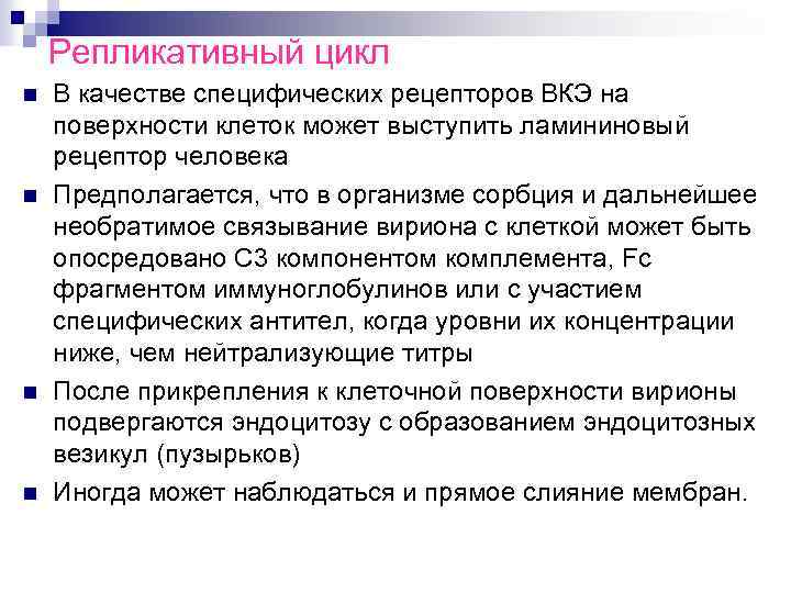 Репликативный цикл n n В качестве специфических рецепторов ВКЭ на поверхности клеток может выступить