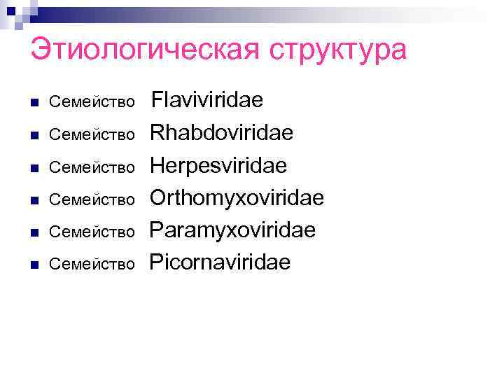Этиологическая структура n Семейство n Семейство Flaviviridae Rhabdoviridae Herpesviridae Orthomyxoviridae Paramyxoviridae Picornaviridae 