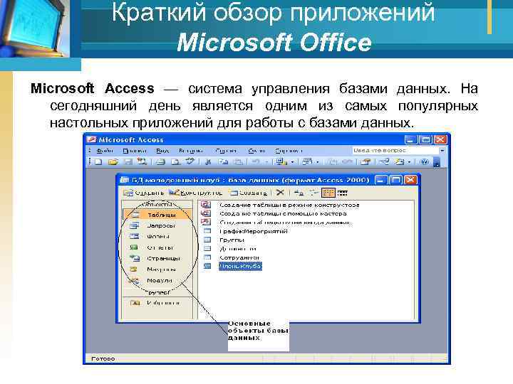 Краткий обзор приложений Мicrosoft Office Microsoft Ассеss — система управления базами данных. На сегодняшний