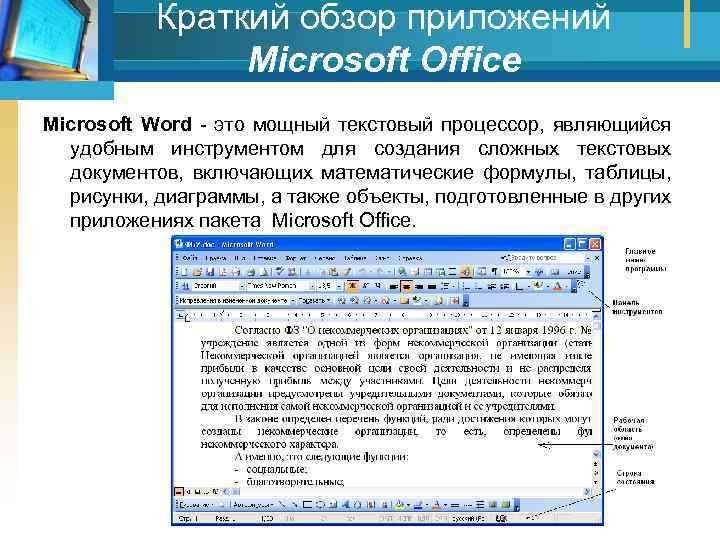 Краткий обзор приложений Мicrosoft Office Microsoft Word это мощный текстовый процессор, являющийся удобным инструментом