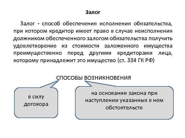 Залог - способ обеспечения исполнения обязательства, при котором кредитор имеет право в случае неисполнения