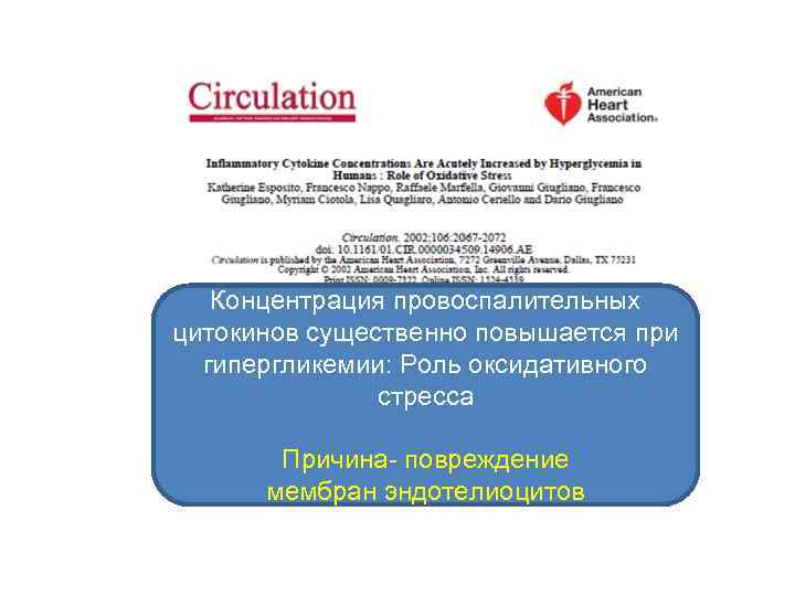 Концентрация провоспалительных цитокинов существенно повышается при гипергликемии: Роль оксидативного стресса Причина- повреждение мембран эндотелиоцитов