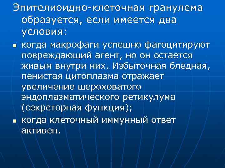 Эпителиоидно-клеточная гранулема образуется, если имеется два условия: n n когда макрофаги успешно фагоцитируют повреждающий