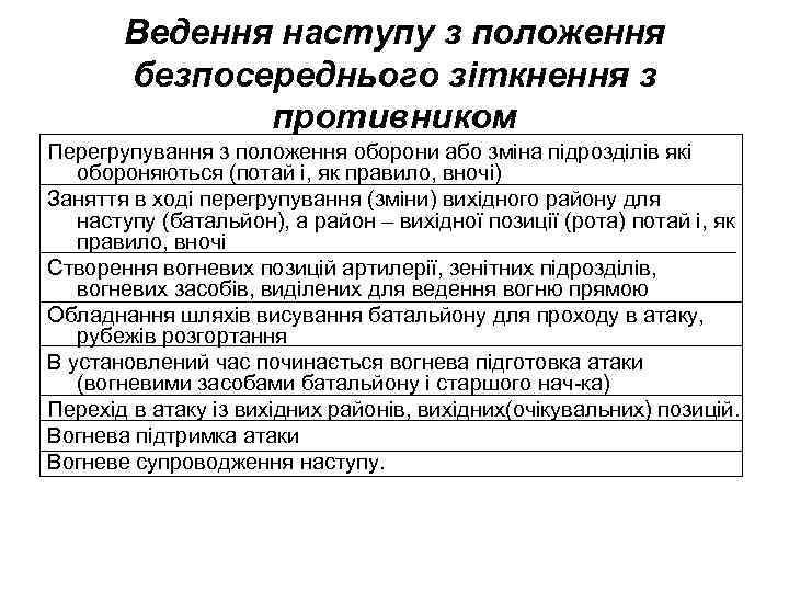 Ведення наступу з положення безпосереднього зіткнення з противником Перегрупування з положення оборони або зміна
