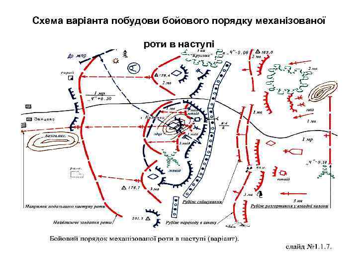 Схема варіанта побудови бойового порядку механізованої роти в наступі 