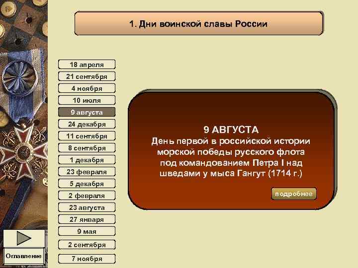 1. Дни воинской славы России 18 апреля 21 сентября 4 ноября 10 июля 9