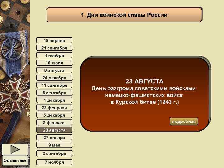 1. Дни воинской славы России 18 апреля 21 сентября 4 ноября 10 июля 9