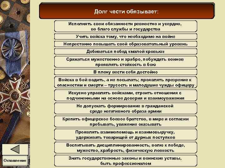 Долг чести обязывает: Исполнять свои обязанности ревностно и усердно, во благо службы и государства
