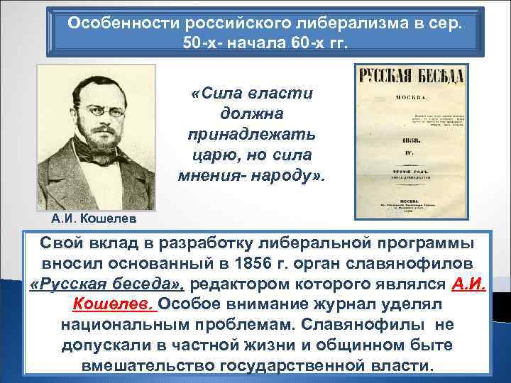 Особенности российского либерализма в сер. 50 -х- начала 60 -х гг. «Сила власти должна
