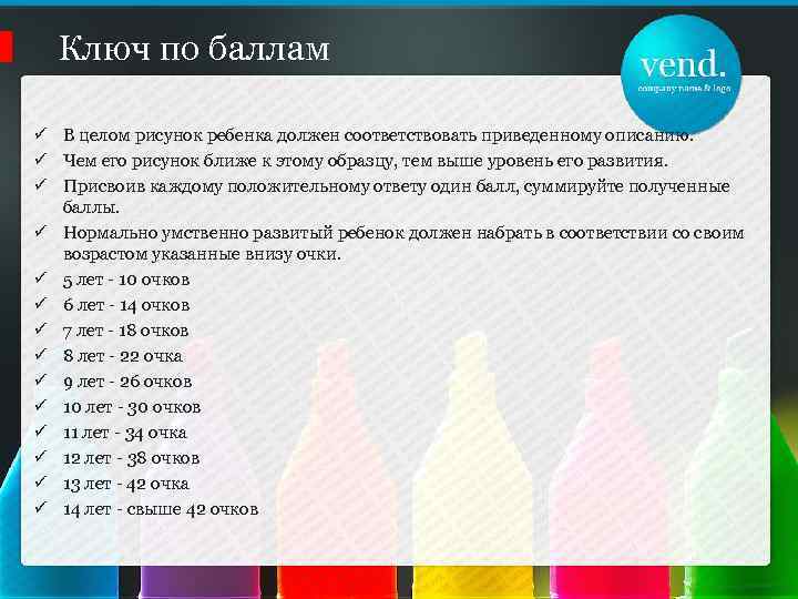 Ключ по баллам ü В целом рисунок ребенка должен соответствовать приведенному описанию. ü Чем