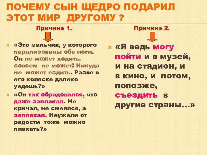ПОЧЕМУ СЫН ЩЕДРО ПОДАРИЛ ЭТОТ МИР ДРУГОМУ ? Причина 1. «Это мальчик, у которого