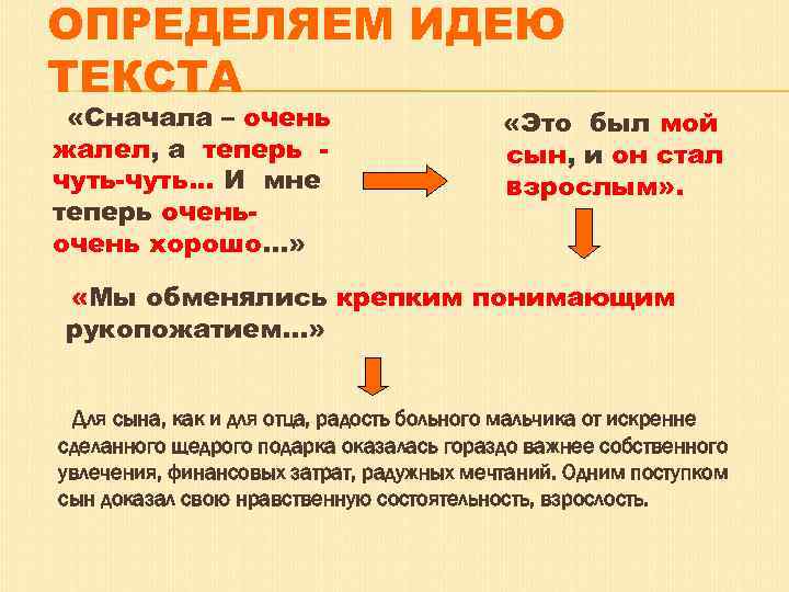 ОПРЕДЕЛЯЕМ ИДЕЮ ТЕКСТА «Сначала – очень жалел, а теперь чуть-чуть. . . И мне