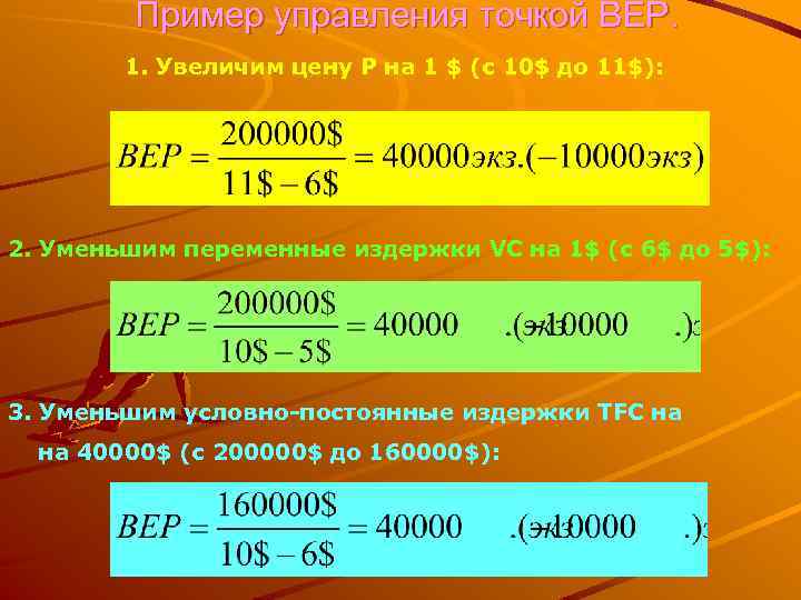 Пример управления точкой ВЕР. 1. Увеличим цену Р на 1 $ (c 10$ до