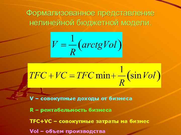 Формализованное представление нелинейной бюджетной модели. V – совокупные доходы от бизнеса R – рентабельность