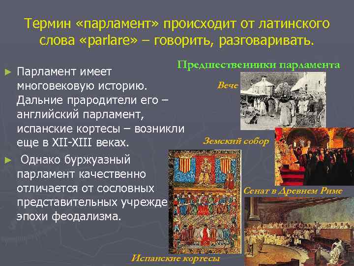 Термин «парламент» происходит от латинского слова «parlare» – говорить, разговаривать. Предшественники парламента Парламент имеет