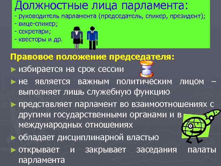 Должностные лица парламента: - руководитель парламента (председатель, спикер, президент); вице-спикер; секретари; квесторы и др.