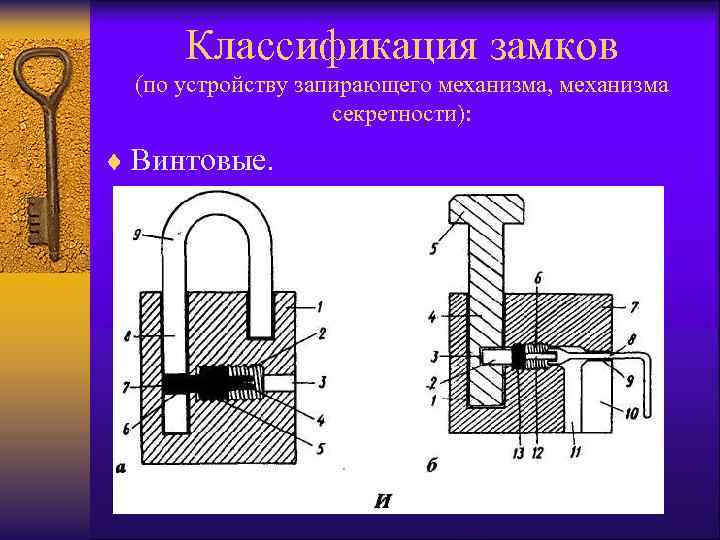 Классификация замков (по устройству запирающего механизма, механизма секретности): ¨ Винтовые. 