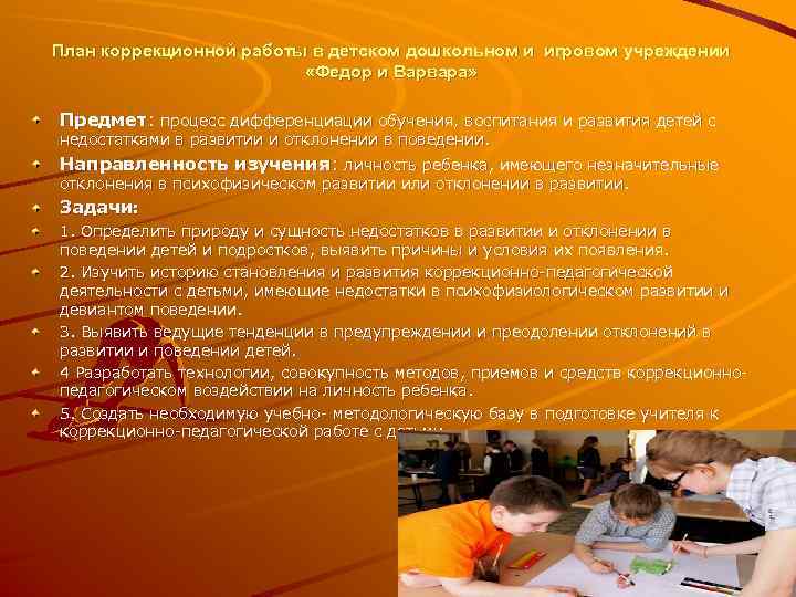 План коррекционной работы в детском дошкольном и игровом учреждении «Федор и Варвара» Предмет: процесс