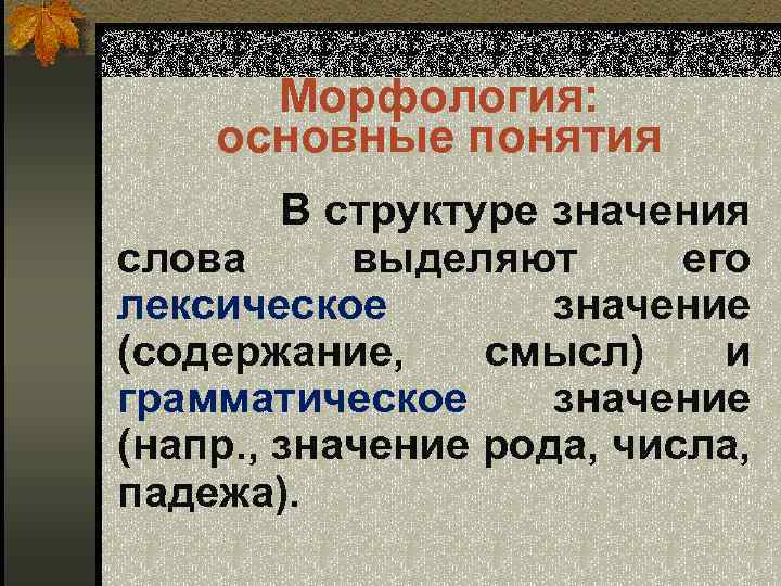 Морфология: основные понятия В структуре значения слова выделяют его лексическое значение (содержание, смысл) и