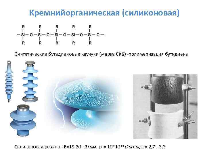 Кремнийорганическая (силиконовая) Синтетические бутадиеновые каучуки (марка СКВ) -полимеризация бутадиена Силиконовая резина - Е=18 -20