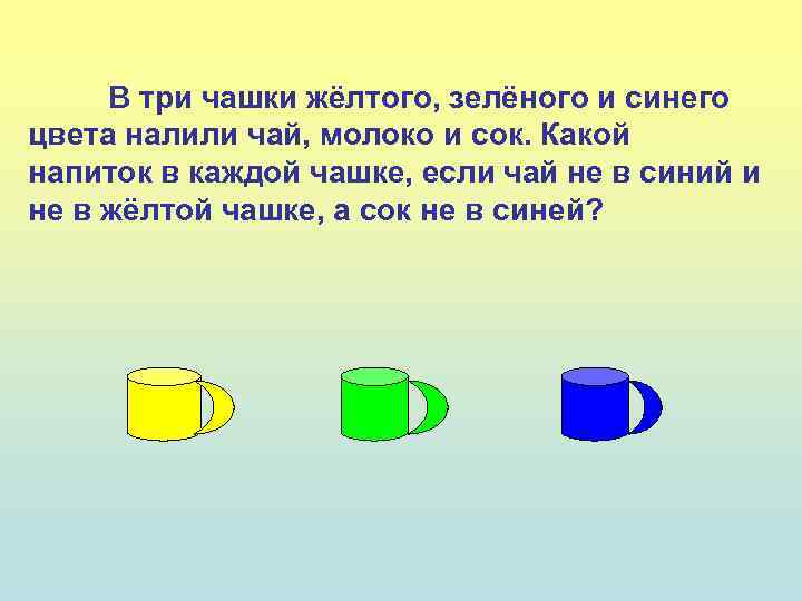 В три чашки жёлтого, зелёного и синего цвета налили чай, молоко и сок. Какой