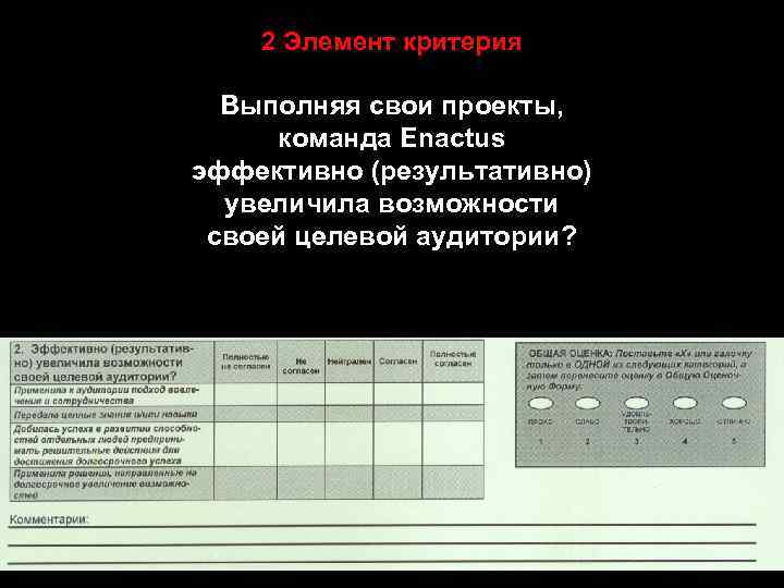 2 Элемент критерия Выполняя свои проекты, команда Enactus эффективно (результативно) увеличила возможности своей целевой