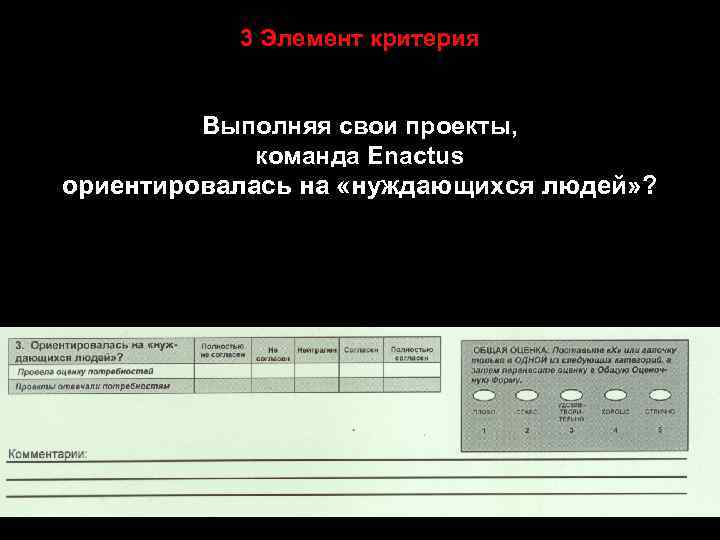 3 Элемент критерия Выполняя свои проекты, команда Enactus ориентировалась на «нуждающихся людей» ? 