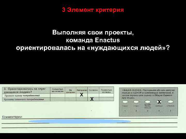 3 Элемент критерия Выполняя свои проекты, команда Enactus ориентировалась на «нуждающихся людей» ? 