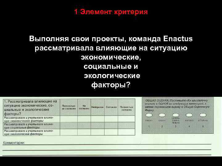 1 Элемент критерия Выполняя свои проекты, команда Enactus рассматривала влияющие на ситуацию экономические, социальные