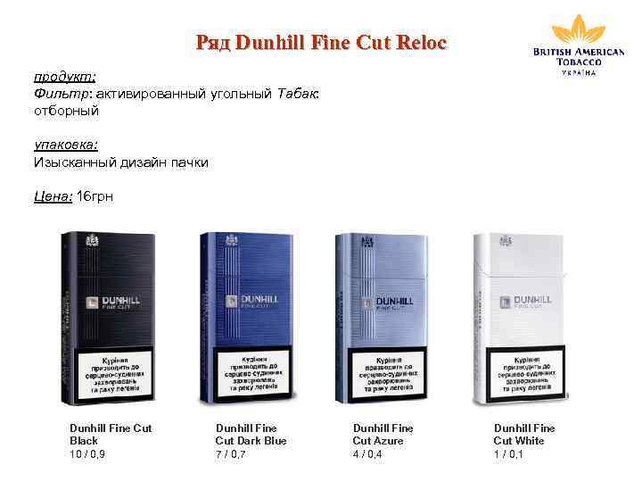Ряд Dunhill Fine Cut Reloc продукт: Фильтр: активированный угольный Табак: отборный упаковка: Изысканный дизайн
