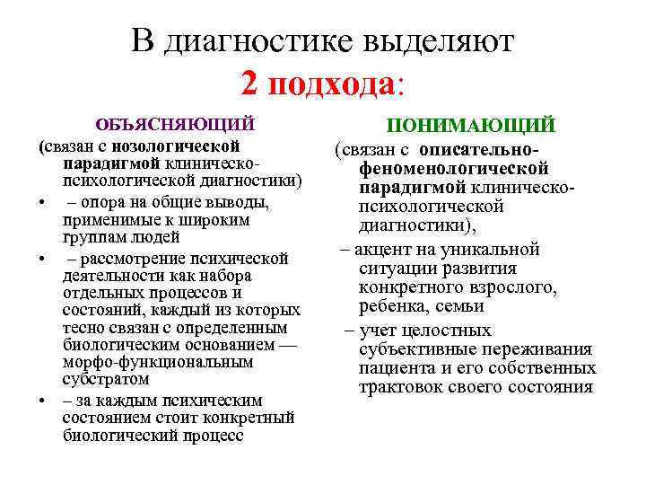 В диагностике выделяют 2 подхода: ОБЪЯСНЯЮЩИЙ (связан с нозологической парадигмой клиническопсихологической диагностики) • –