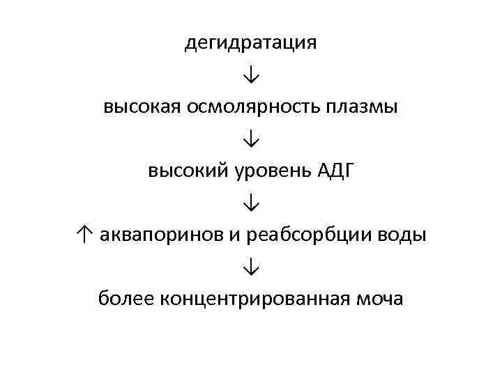 дегидратация ↓ высокая осмолярность плазмы ↓ высокий уровень АДГ ↓ ↑ аквапоринов и реабсорбции