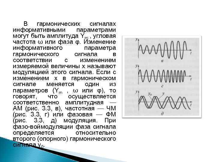  В гармонических сигналах информативными параметрами могут быть амплитуда Ym , угловая частота ω
