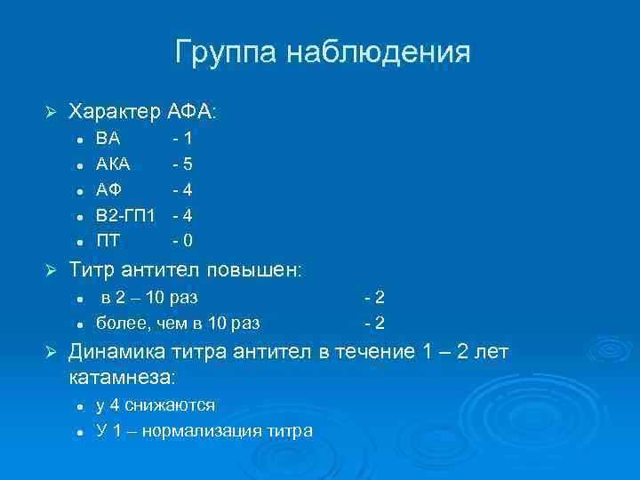 Группа наблюдения Ø Характер АФА: l l l Ø -1 -5 -4 -4 -0