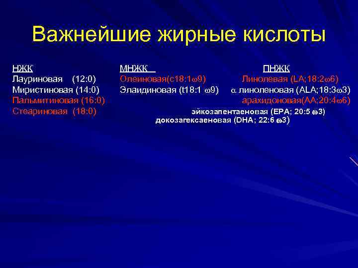 Важнейшие жирные кислоты НЖК Лауриновая (12: 0) Миристиновая (14: 0) Пальмитиновая (16: 0) Стеариновая