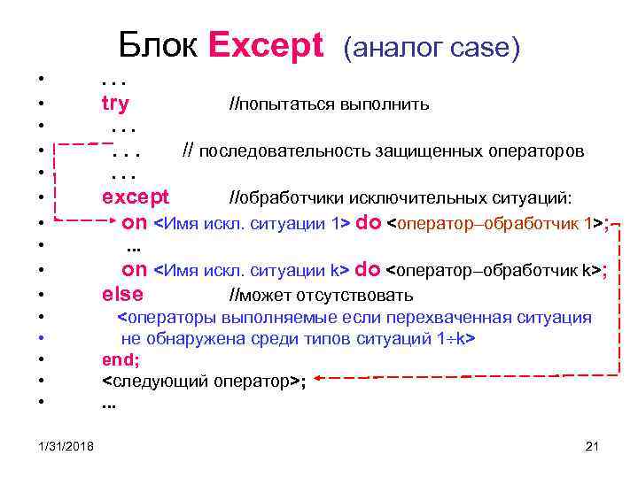 Блок Except • • • • 1/31/2018 (аналог case) . . . try //попытаться