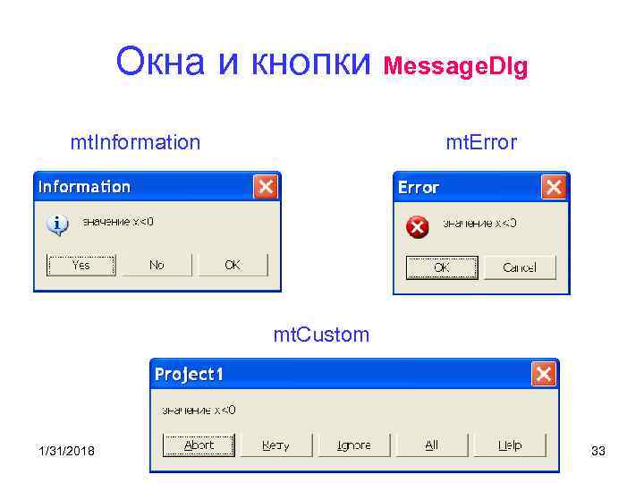 Окна и кнопки Message. Dlg mt. Information mt. Error mt. Custom 1/31/2018 33 