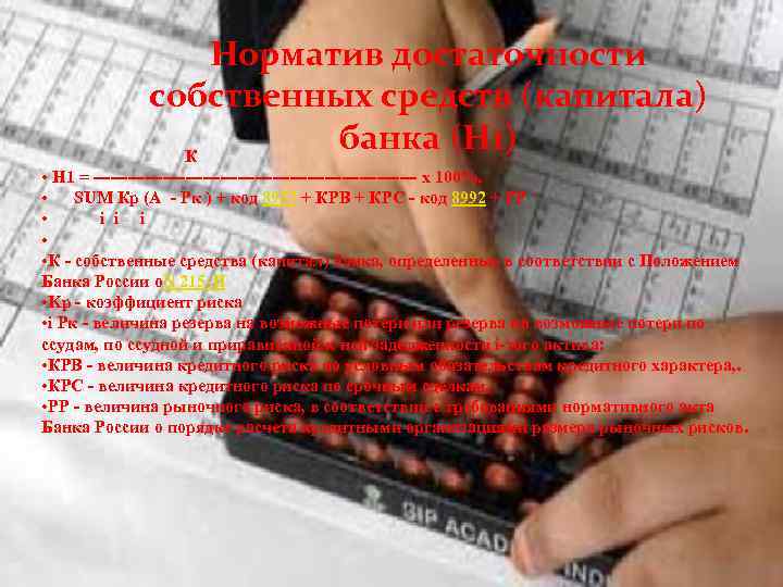 Норматив достаточности собственных средств (капитала) банка (H 1) К • К H 1 =